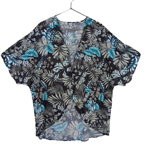 Floral Sheer Open Kimono Short Sleeve Black and Blue Tones Mid Length - Picture 2 of 5